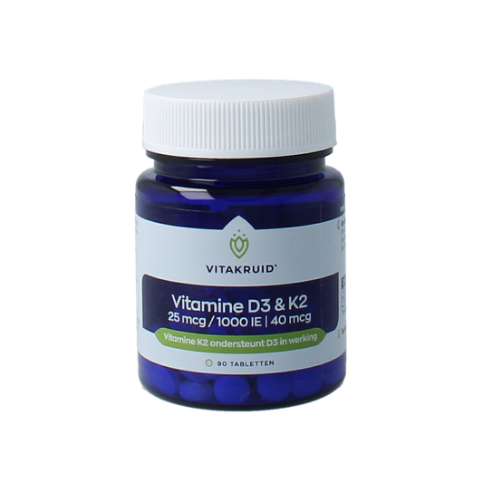 Vitakruid Vitamin D3 25mcg and K2 40mcg multivitamin tablets, showing the supplement packaging and tablets.