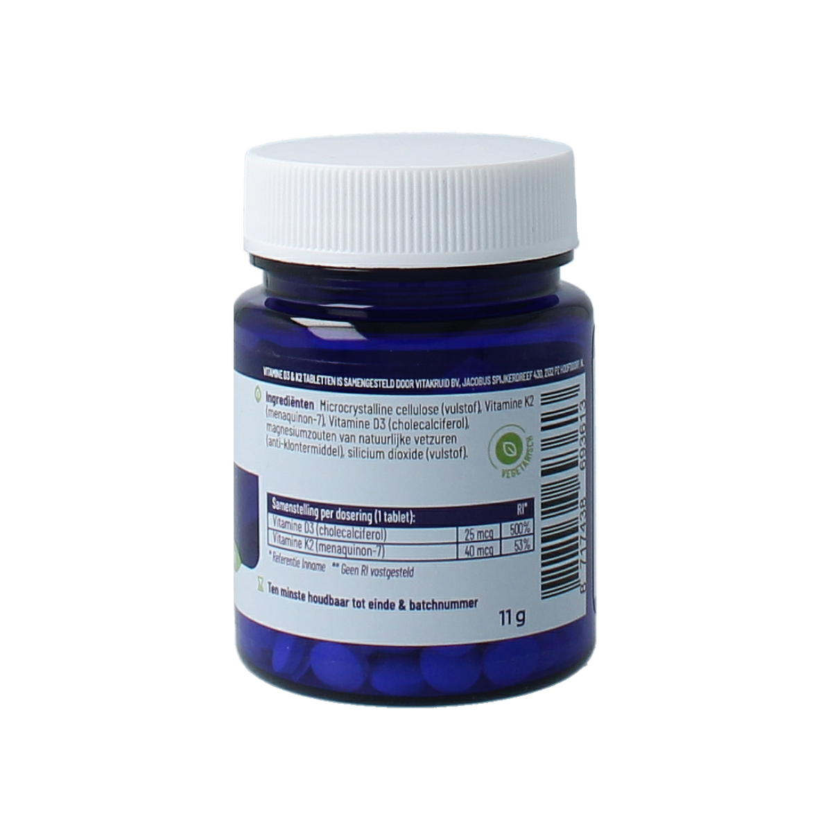 Vitakruid Vitamin D3 25mcg and K2 40mcg multivitamin tablets, close-up of the supplement packaging and tablets.