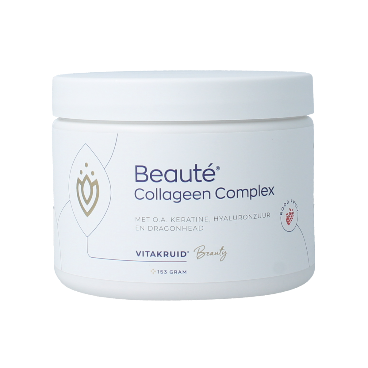 Vitakruid Beaute collageen with red fruit, keratin, and hyaluronic acid, 153g, featuring a jar of supplement with red fruit ingredients.