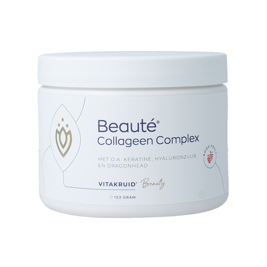 Vitakruid Beaute collageen with red fruit, keratin, and hyaluronic acid, 153g, featuring a jar of supplement with red fruit ingredients.