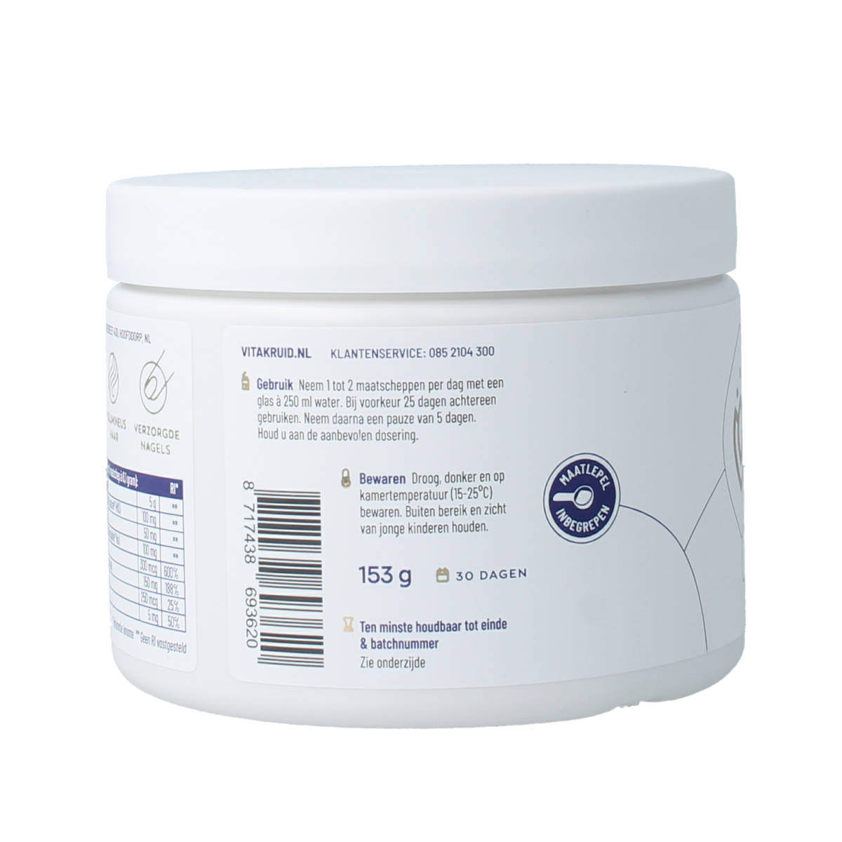 Vitakruid Beaute collageen with red fruit, keratin, and hyaluronic acid in a 153g container, showing the supplement packaging.