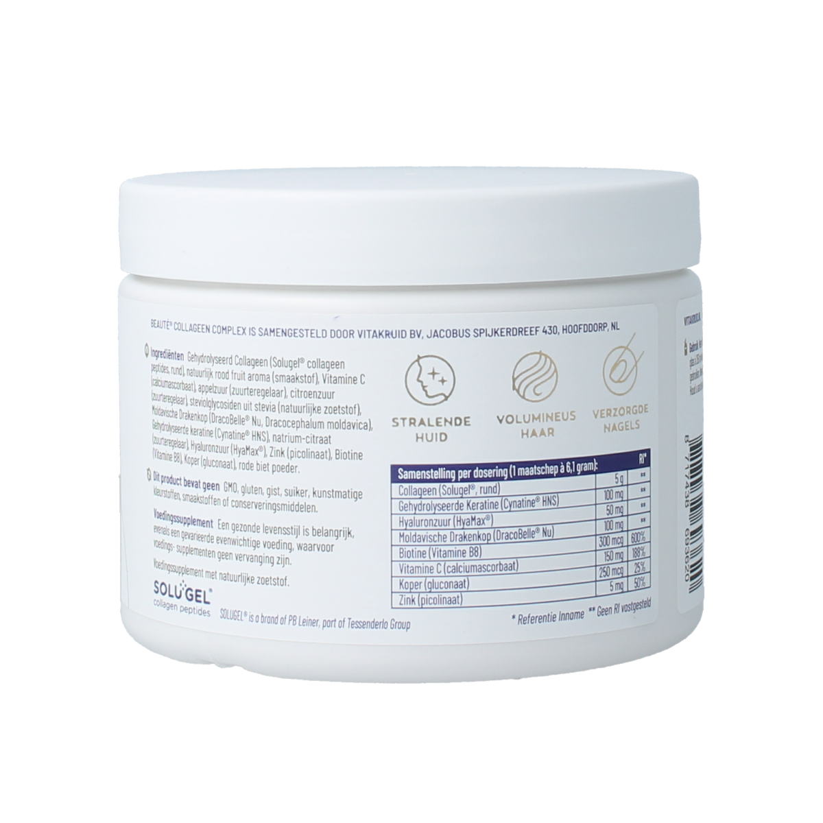 Vitakruid Beaute collageen supplement with rood fruit, keratine, hyaluronzuur in 153g container, featuring colorful fruit images.