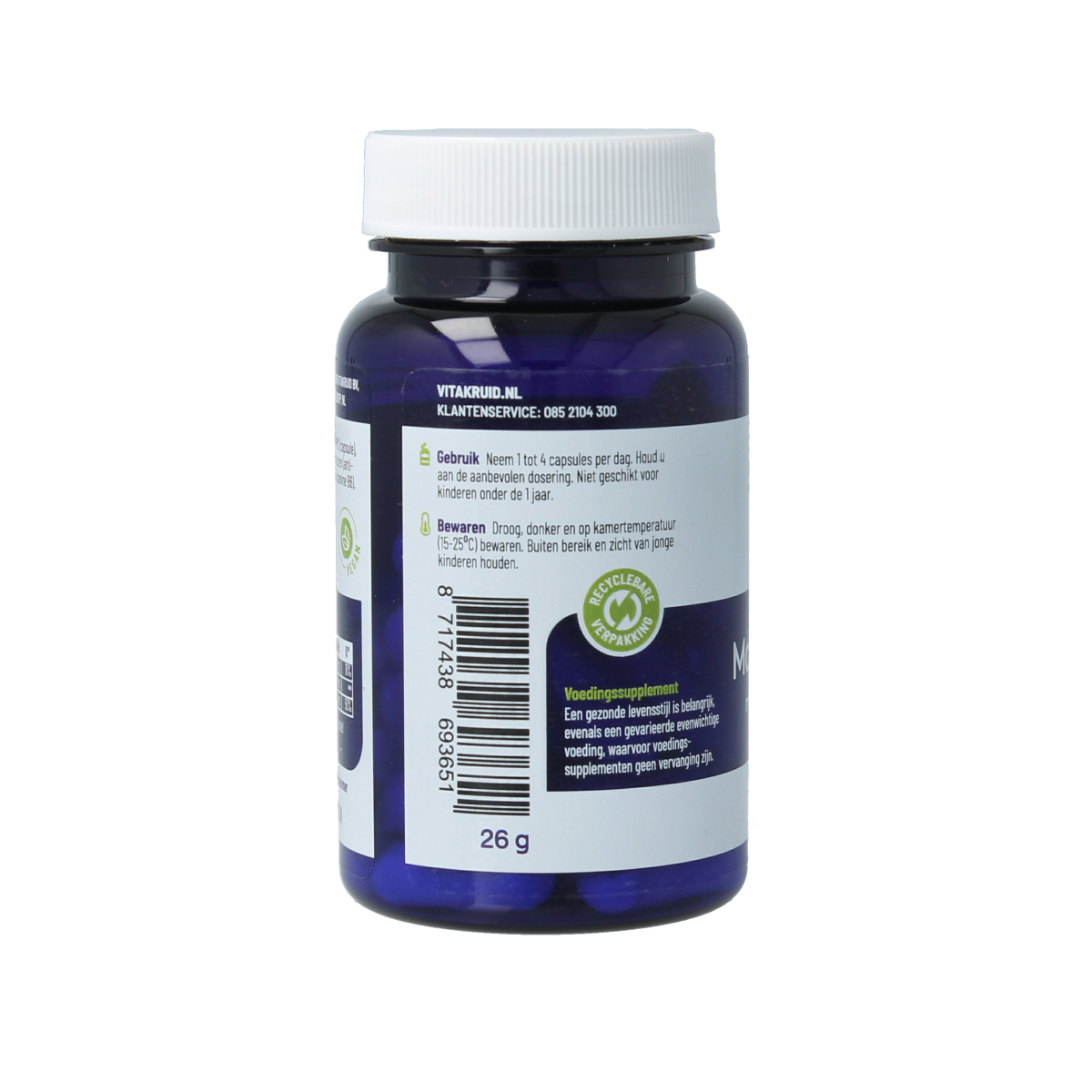Vegetarische Vitakruid Magnesium Tauraat capsules with vitamine B6 (P-5-P), dietary mineral supplement, close-up of the capsules.