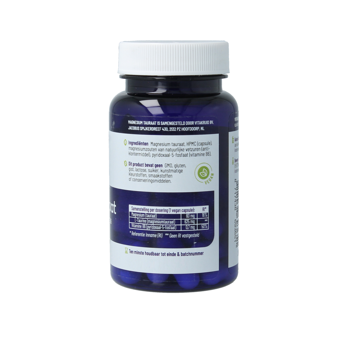 Vegetarische Vitakruid Magnesium Tauraat capsules met vitamine B6 (P-5-P) in een doos, mineraal supplement voor spier en zenuwondersteuning