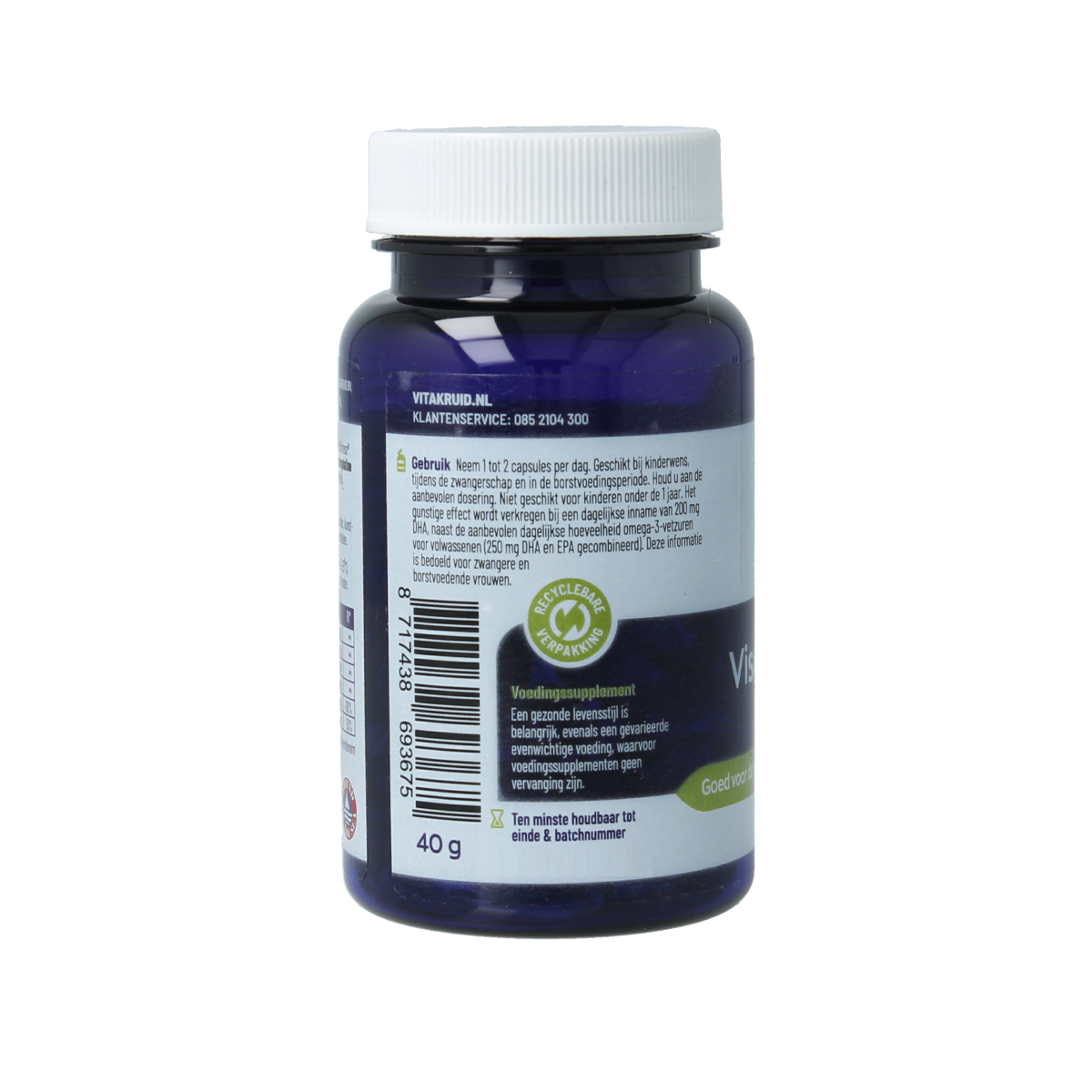 Vitakruid Visolie 1800 TG mama softgels, omega fatty acids supplement for pregnancy, in a clear bottle with softgel capsules.