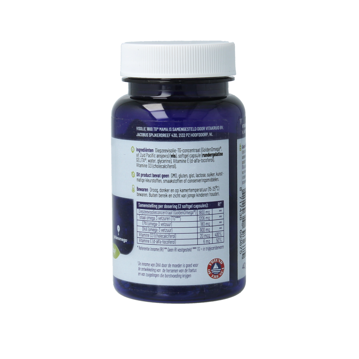 Softgel capsules of Vitakruid Visolie 1800 TG Mama omega-3 fatty acids, shown in a close-up image.