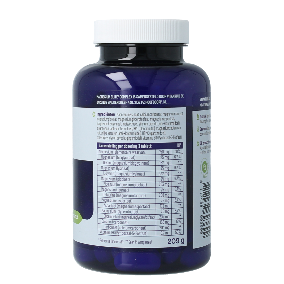 Vitakruid Magnesium Elite6 complex supplement in a bottle, featuring tablets with magnesium, lysinate, and pidolate for mineral support.