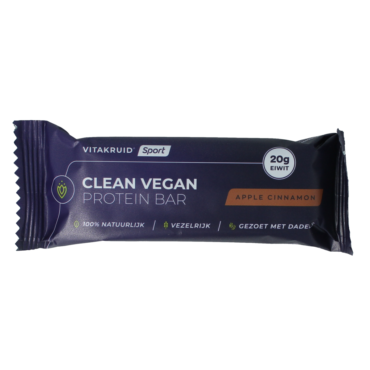VitaKruid Clean vegan protein bar with apple cinnamon flavor, displayed on a plain background, showcasing its packaging.