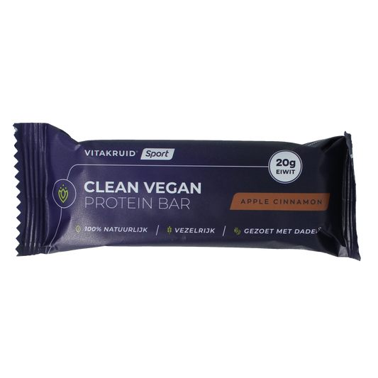 VitaKruid Clean vegan protein bar with apple cinnamon flavor, displayed on a plain background, showcasing its packaging.