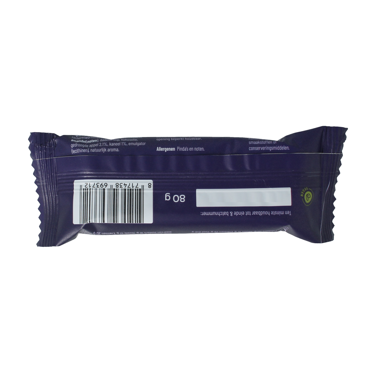 VitaKruid Clean vegan apple cinnamon protein bar on a white background, showing the snack's packaging and branding.