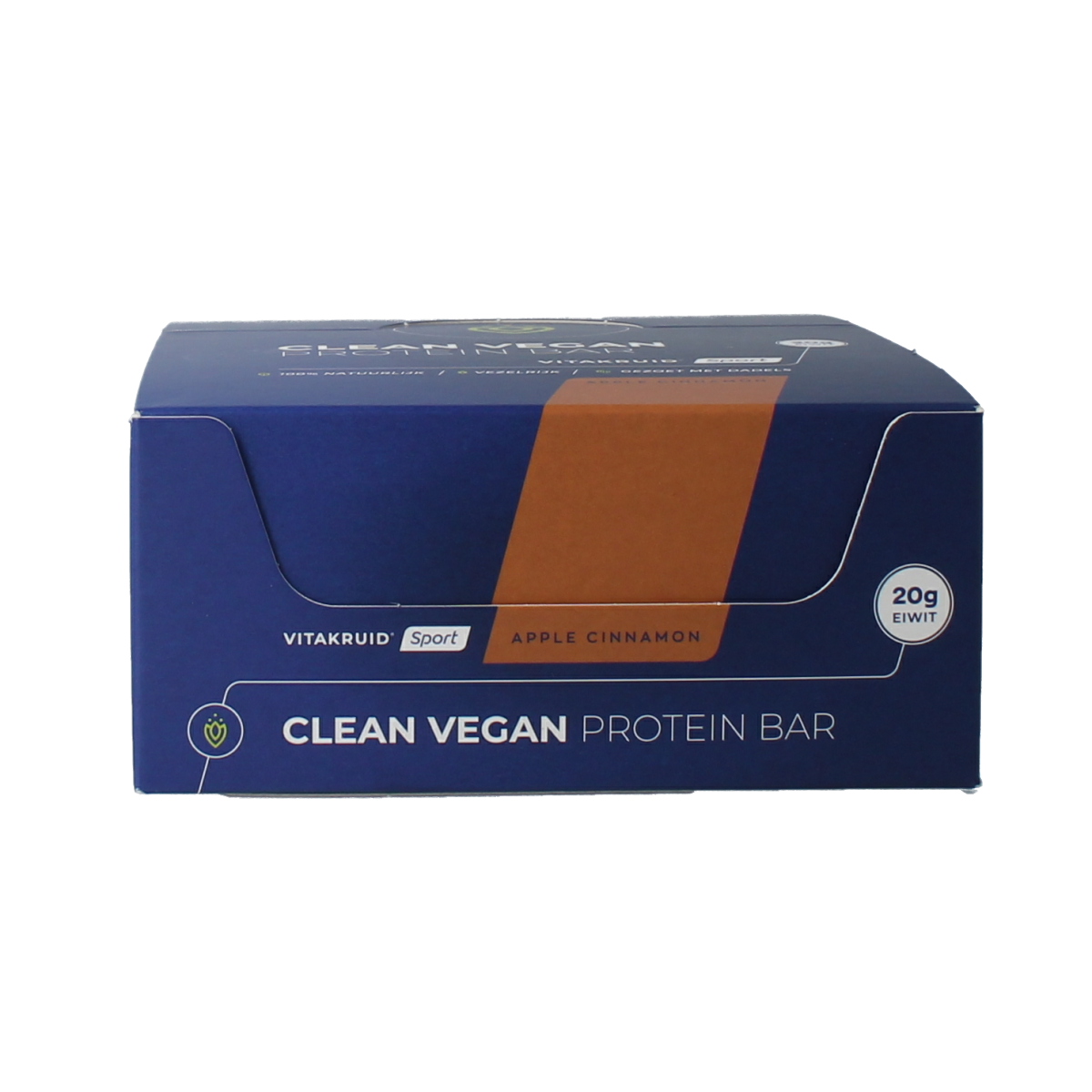 VitaKruid Clean vegan protein bar in apple cinnamon flavor, showing the snack bar with apple and cinnamon ingredients.