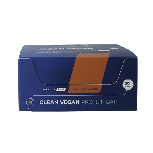 VitaKruid Clean vegan protein bar in apple cinnamon flavor, showing the snack bar with apple and cinnamon ingredients.