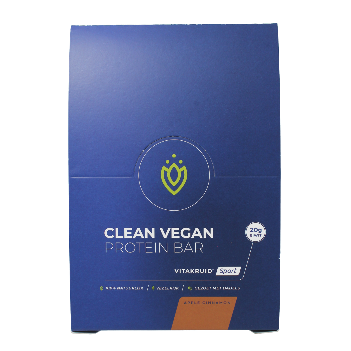 VitaKruid Clean vegan protein bar in apple cinnamon flavor, displayed with 12 bars in a snack and tussendoortjes product image.