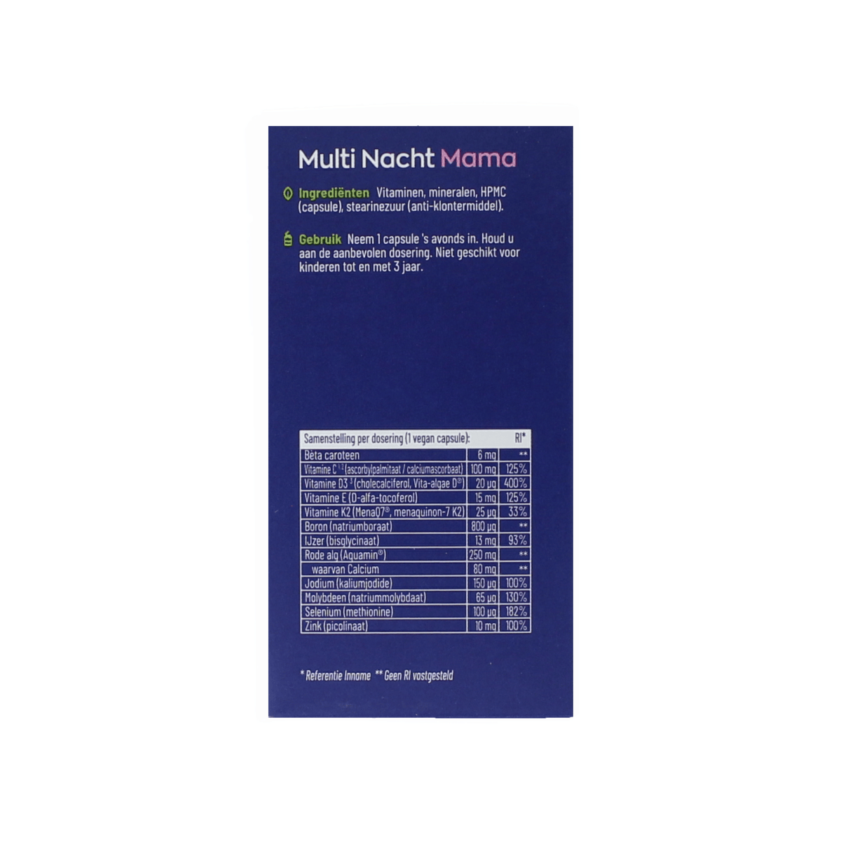 Bottle of Vitakruid Multi dag & nacht mama multivitamin capsules for women, featuring 90 capsules in a clear container.
