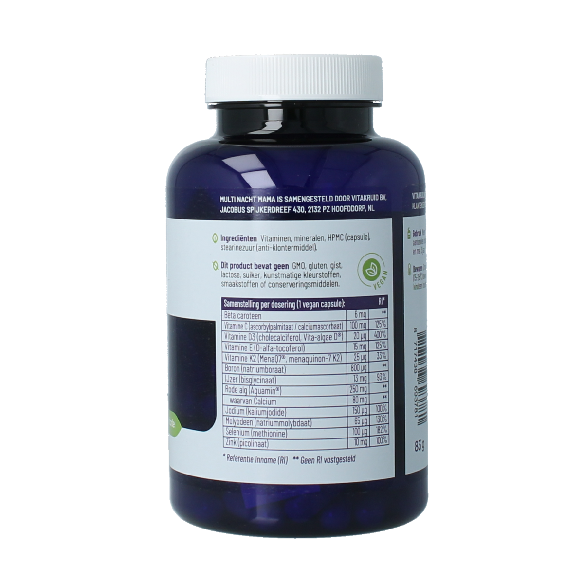 Vegetarische Vitakruid Multi Nacht Mama vegan vitamine capsules in een duidelijke glazen pot, close-up van de verpakking.