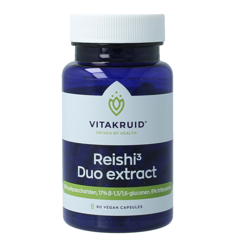 Vitakruid Reishi3 duo extract vegetarian capsules, dietary supplement with herbal mushroom extract, in a clear container.