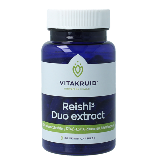 Vitakruid Reishi3 duo extract vegetarian capsules, dietary supplement with herbal mushroom extract, in a clear container.