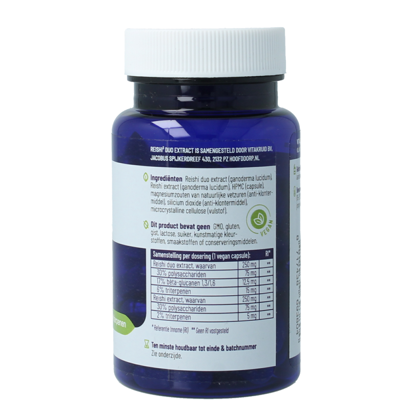 Vitakruid Reishi3 duo extract vegetarian capsules, dietary supplement with mushroom extract, in a white bottle with label.