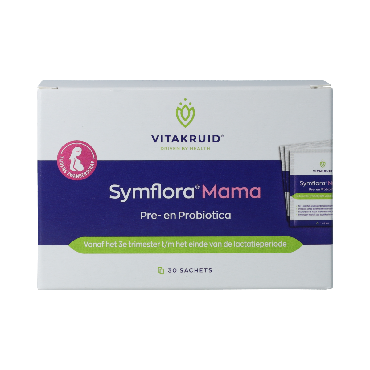 Vitakruid Symflora® Mama probiotic supplement sachets with herbal ingredients, displayed in a box with individual sachets.