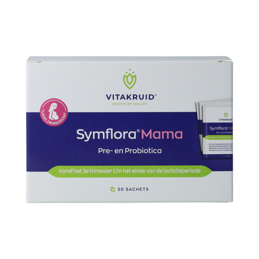 Vitakruid Symflora® Mama probiotic supplement sachets with herbal ingredients, displayed in a box with individual sachets.