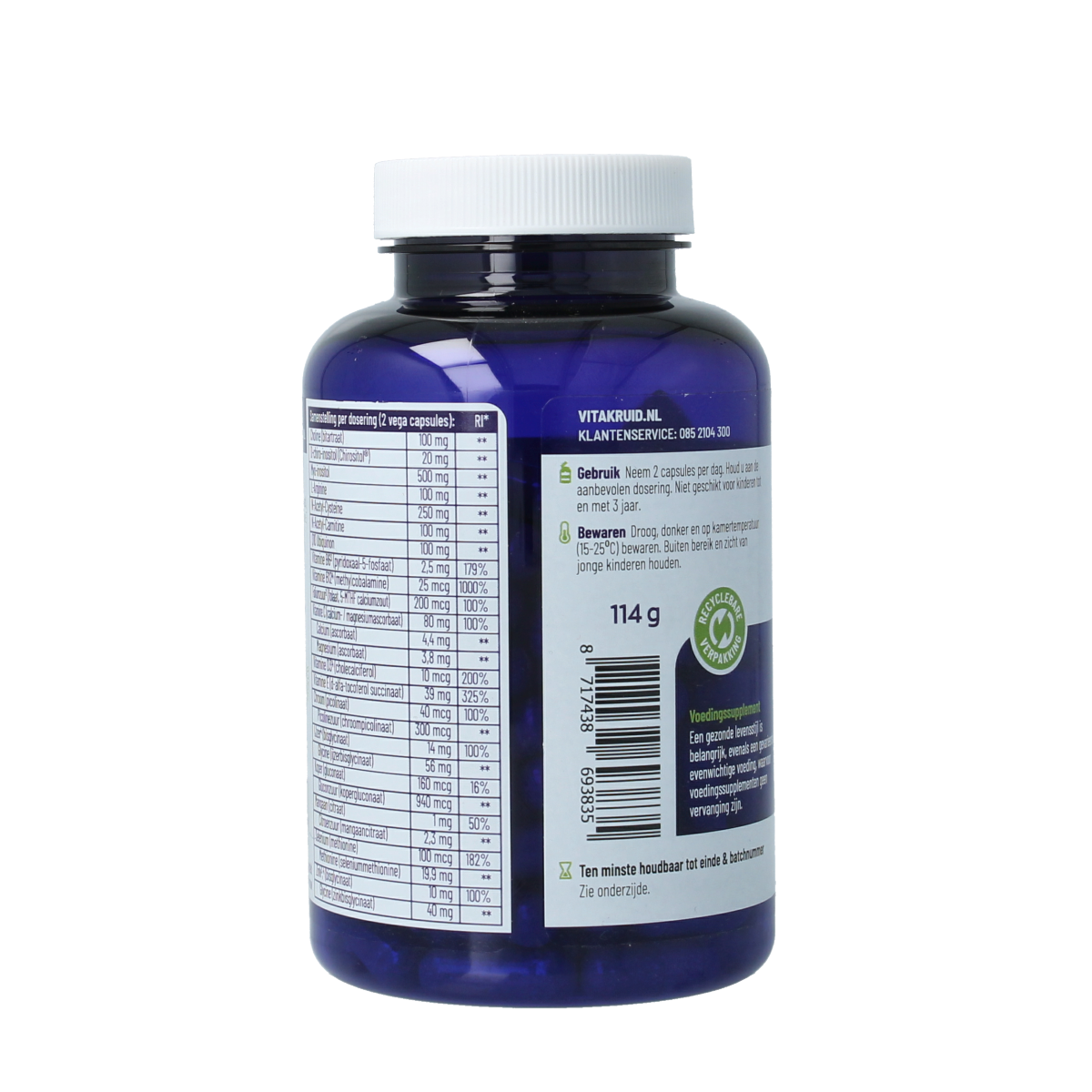 Vitakruid Femme vruchtbaarheid support vegetarische capsules in een open doos, voedingssupplement voor vrouwelijke vruchtbaarheid.