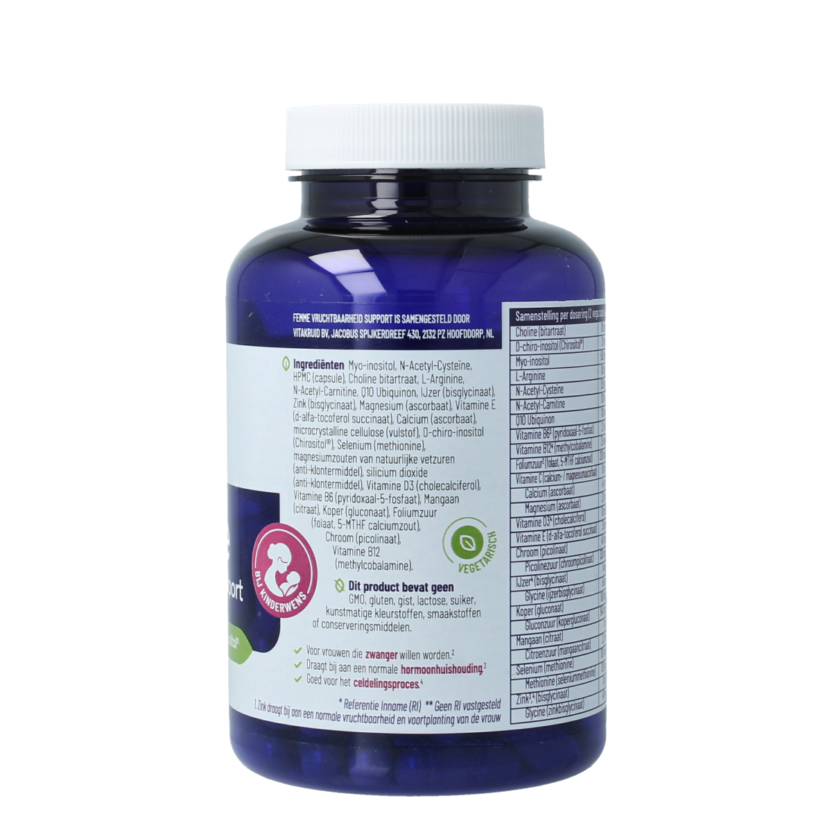 Vitakruid Femme vruchtbaarheid support capsules in vegetarian supplement bottle, dietary supplement for fertility health.