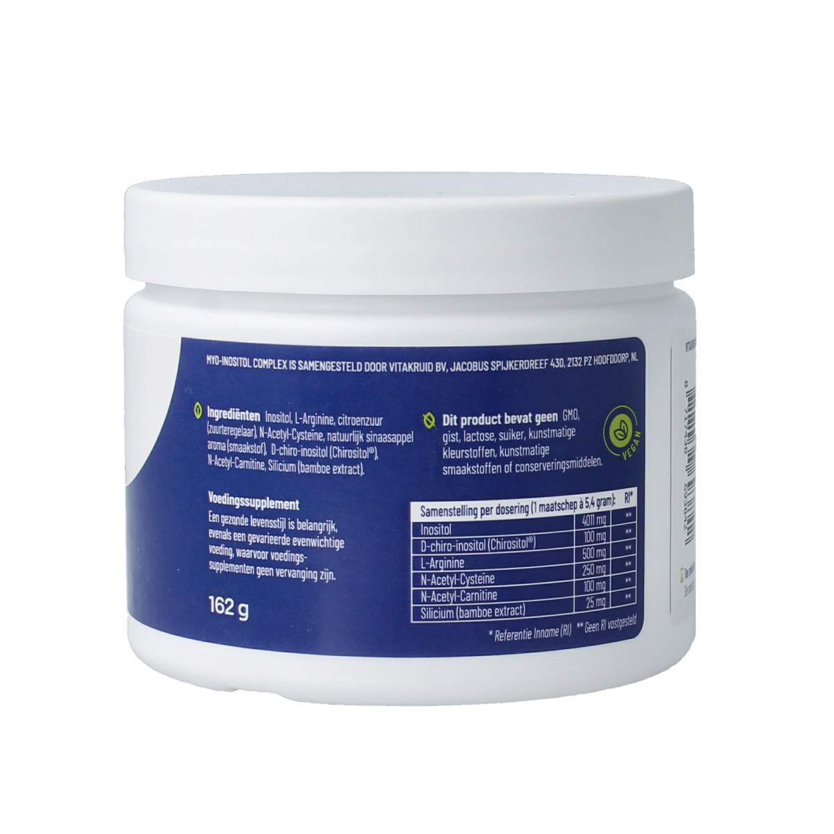 Vitakruid Myo-inositol complex supplement in a 162g container, featuring capsules with herbal and nutritional ingredients.
