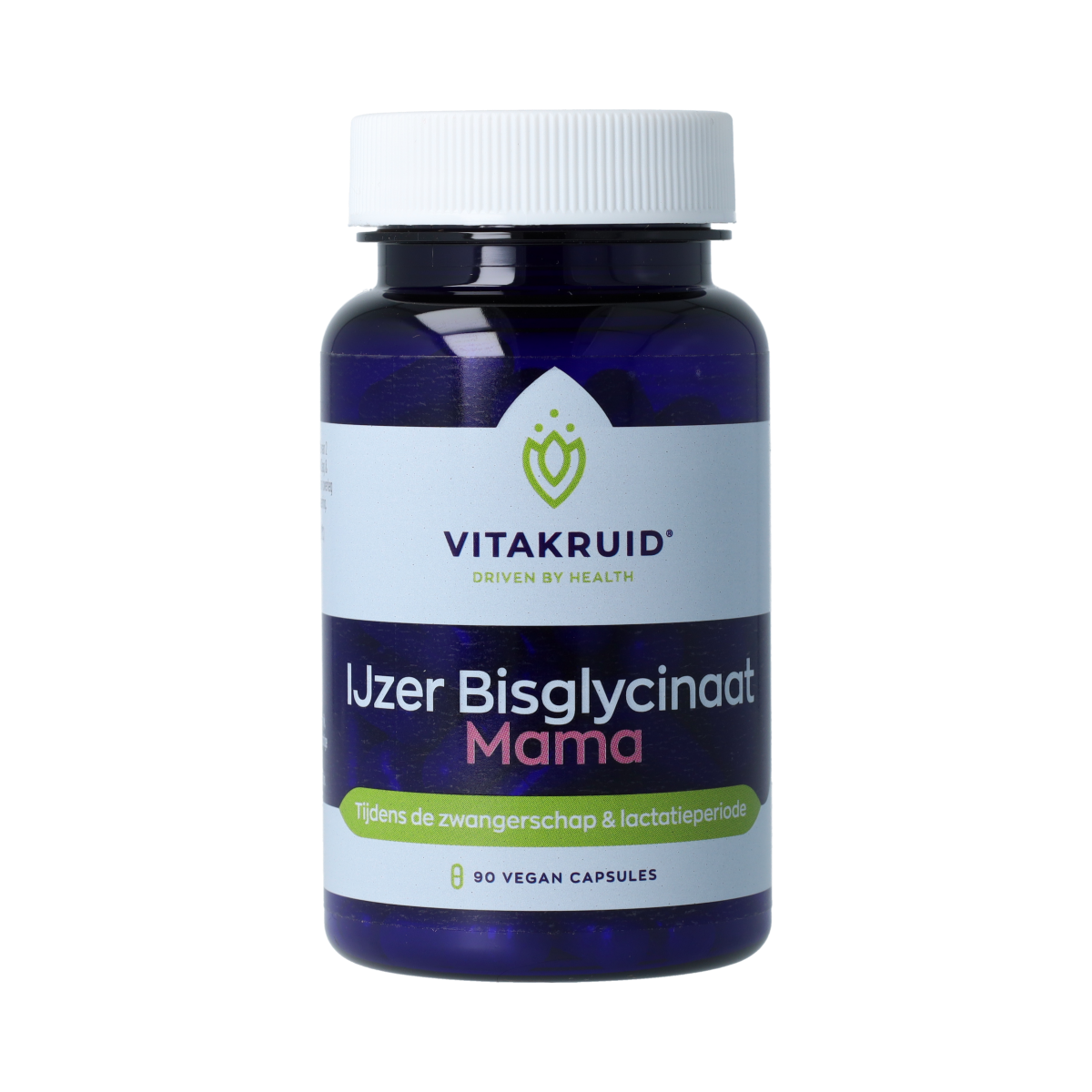 Vitakruid IJzer Bisglycinaat Mama 30 vegetarische capsules, supplement with koper and vitamine C in a clear bottle.