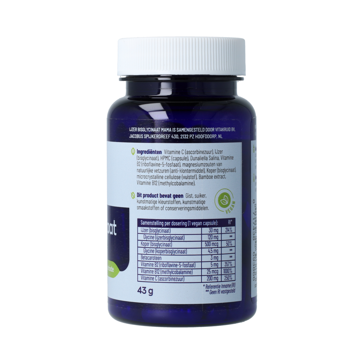 Vitakruid IJzer Bisglycinaat Mama 30 complex vegetarische capsules with koper en vitamine C, dietary supplement for pregnancy support