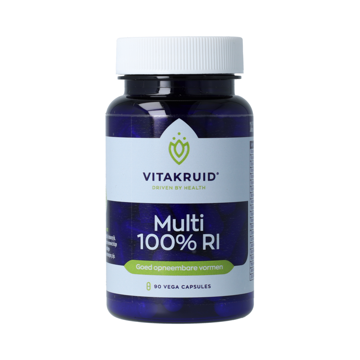 Vegetarische Vitakruid Multi 100% RI vitamine capsules in een open doos, goed opneembare multivitamine supplementen.