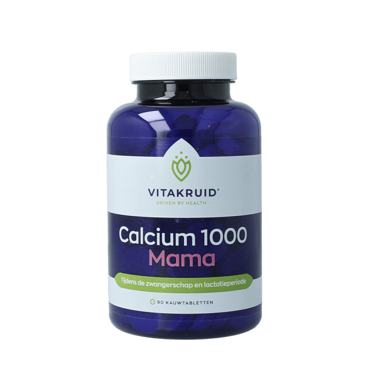 Vitakruid Calcium 1000 Mama mineralen tabletten for zwangerschap and lactatie, displayed in a bottle with 90 tablets.