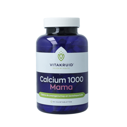 Vitakruid Calcium 1000 Mama mineralen tabletten for zwangerschap and lactatie, displayed in a bottle with 90 tablets.