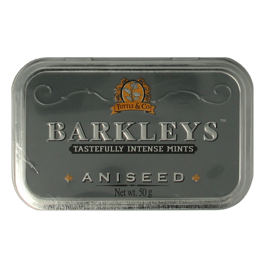Barkleys Classic Mints Aniseed, 50g, colorful aniseed-flavored candy pieces in a clear package, branded by Barkleys.