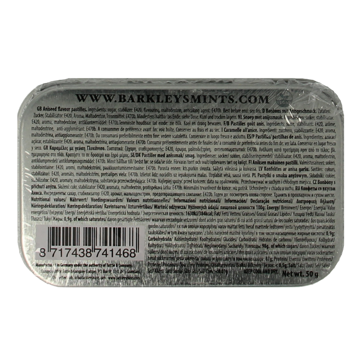 Barkleys Classic mints aniseed candy in a 50g package, showing shiny, round aniseed-flavored mints from the Barkleys brand.