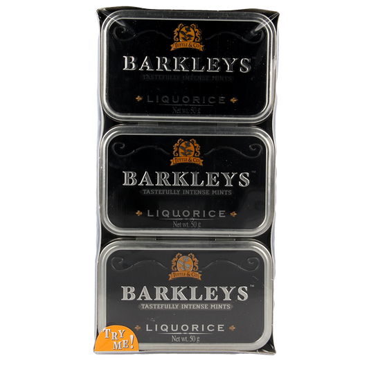 Barkleys Classic mints liquorice in 50g package, chewy black candy, natural flavor, designed for snacking and sharing.