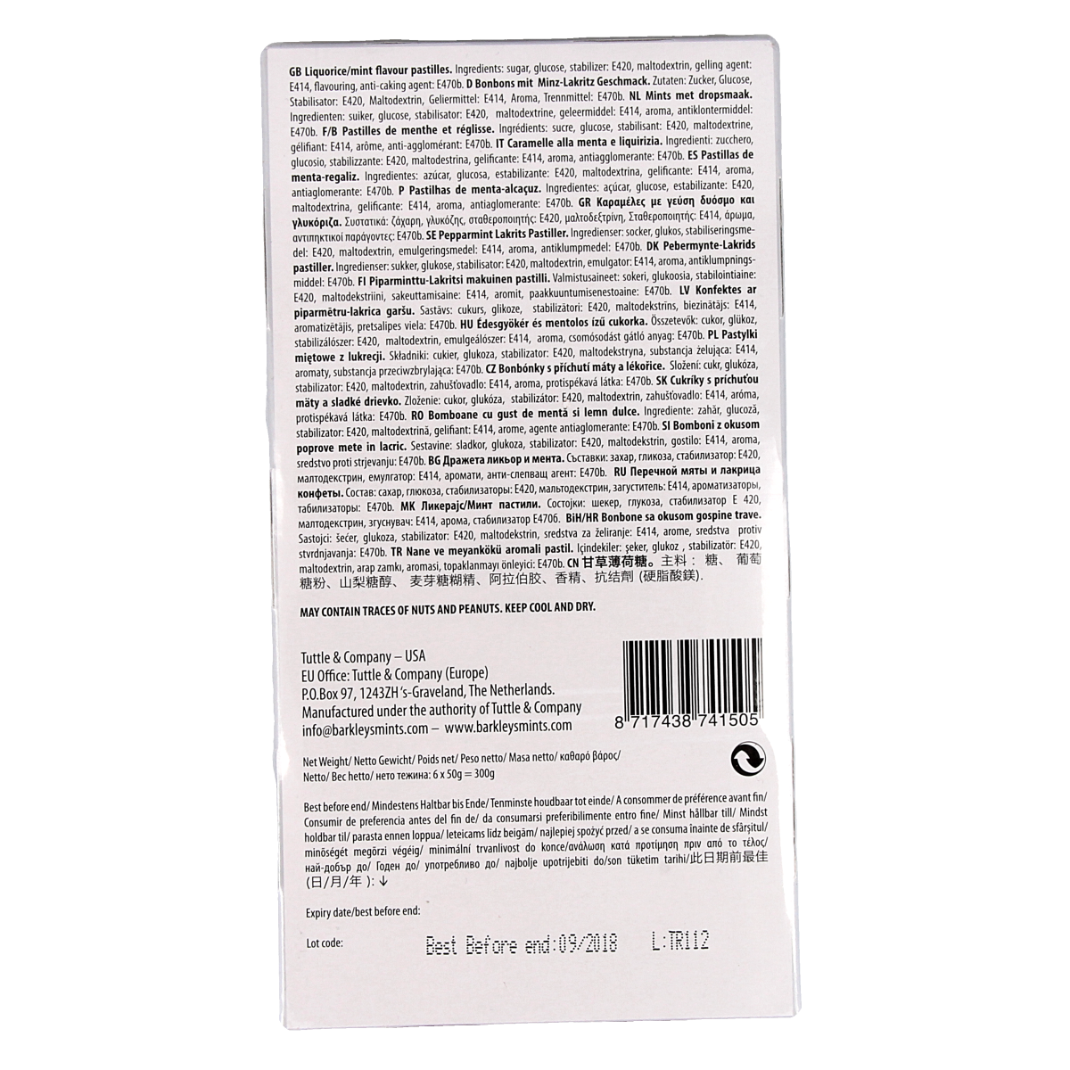 Barkleys Classic mints liquorice in a 50g package, featuring black liquorice pieces with a smooth, glossy texture.