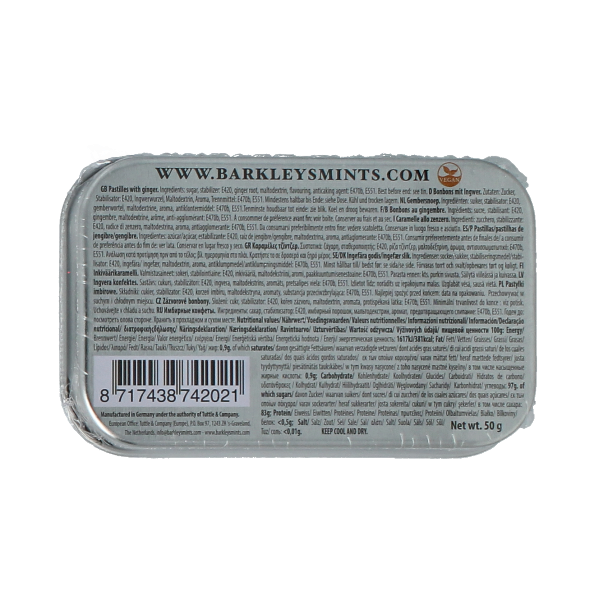 Barkleys Classic Mints Ginger, 50g package of chewy ginger-flavored candies, in a colorful wrapper.
