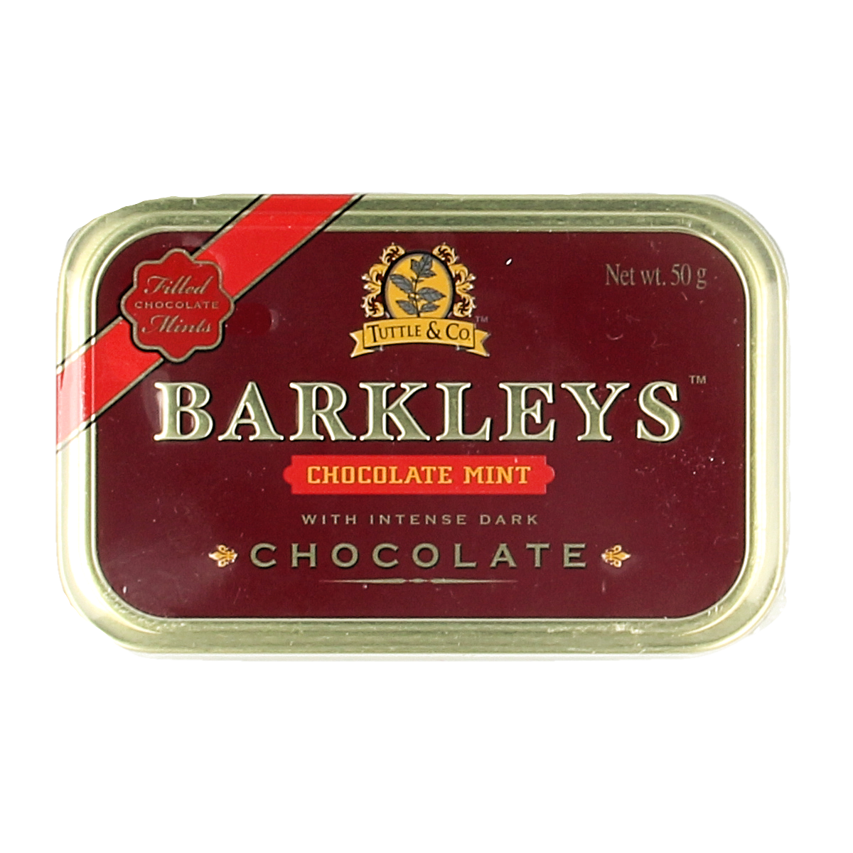 Barkleys chocolate mints in a 50g package, showing shiny chocolate-coated mint candies from the Barkleys snoepgoed collection.