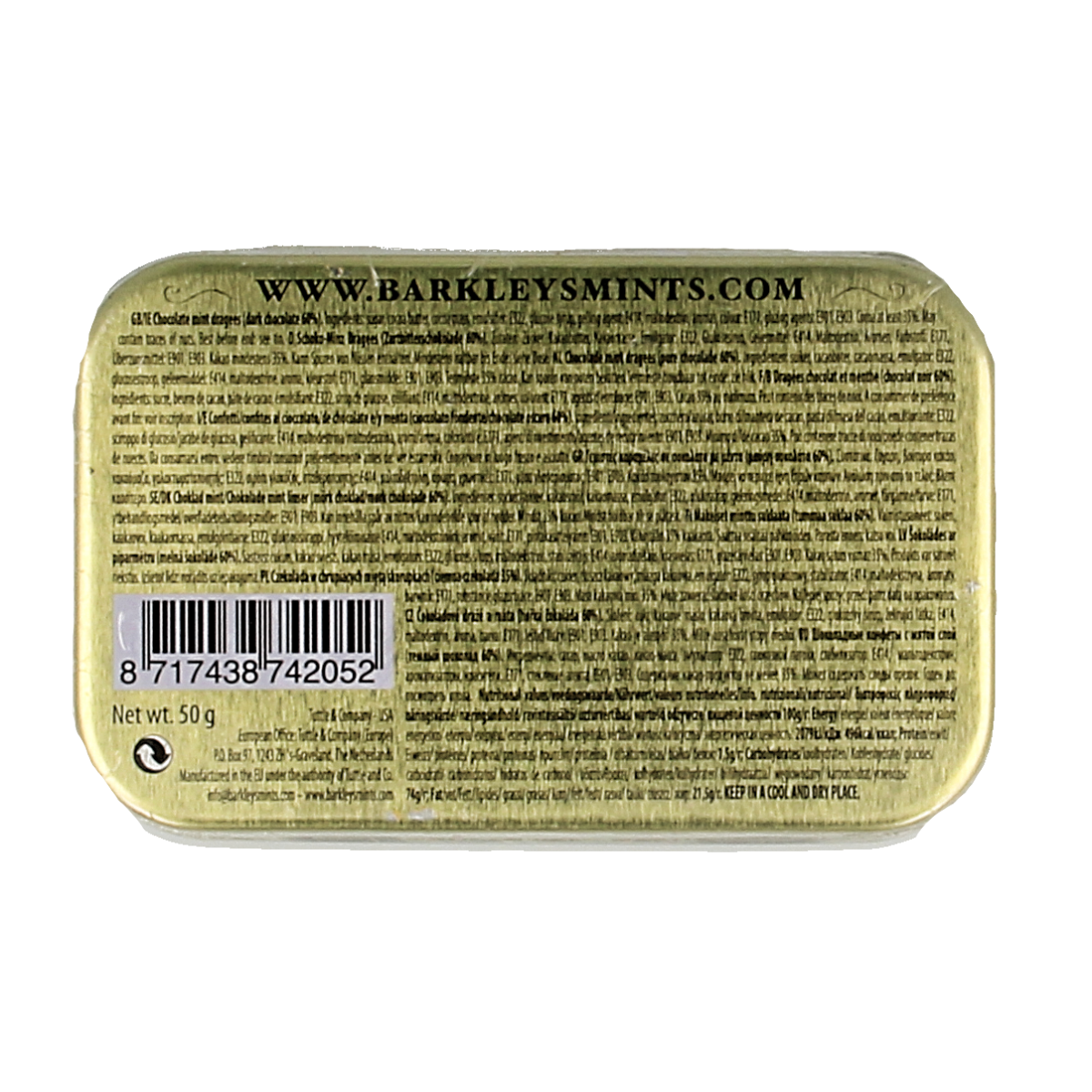 Barkleys Chocolate Mints in a 50g bag, showing shiny chocolate and mint candies in bright packaging.