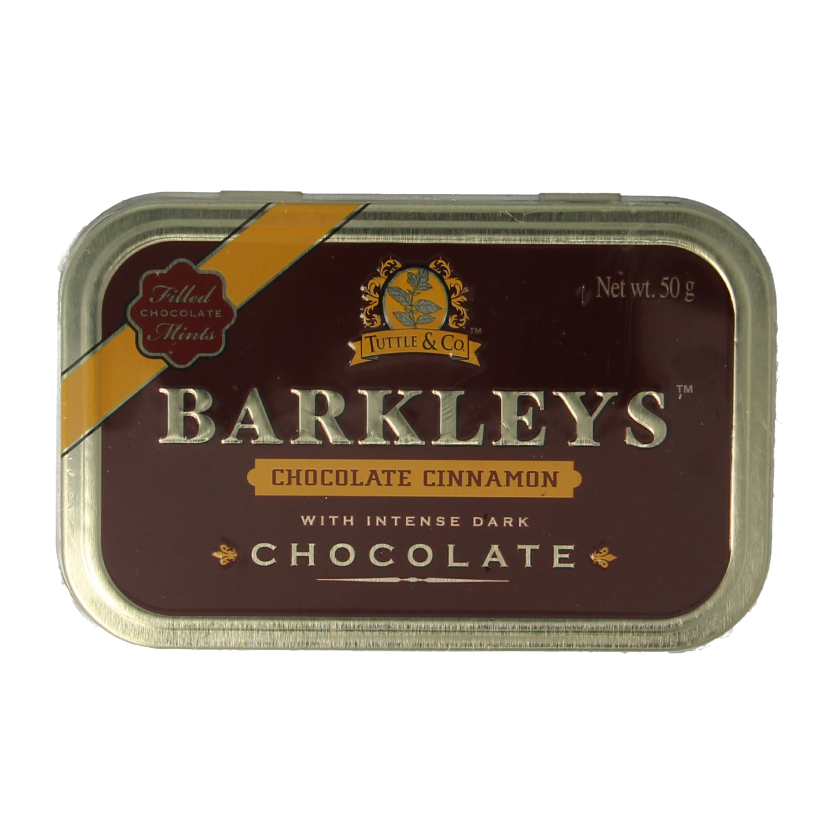 Barkleys Chocolate Mints Cinnamon candy in 50g package, showing shiny chocolate and cinnamon-flavored sweets.