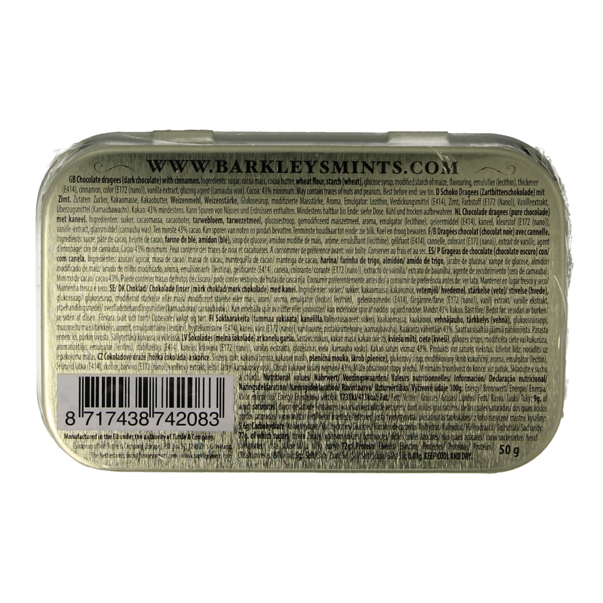 Barkleys Chocolate Mints Cinnamon, 50g package of flavorful cinnamon-flavored chocolate candies in a colorful wrapper