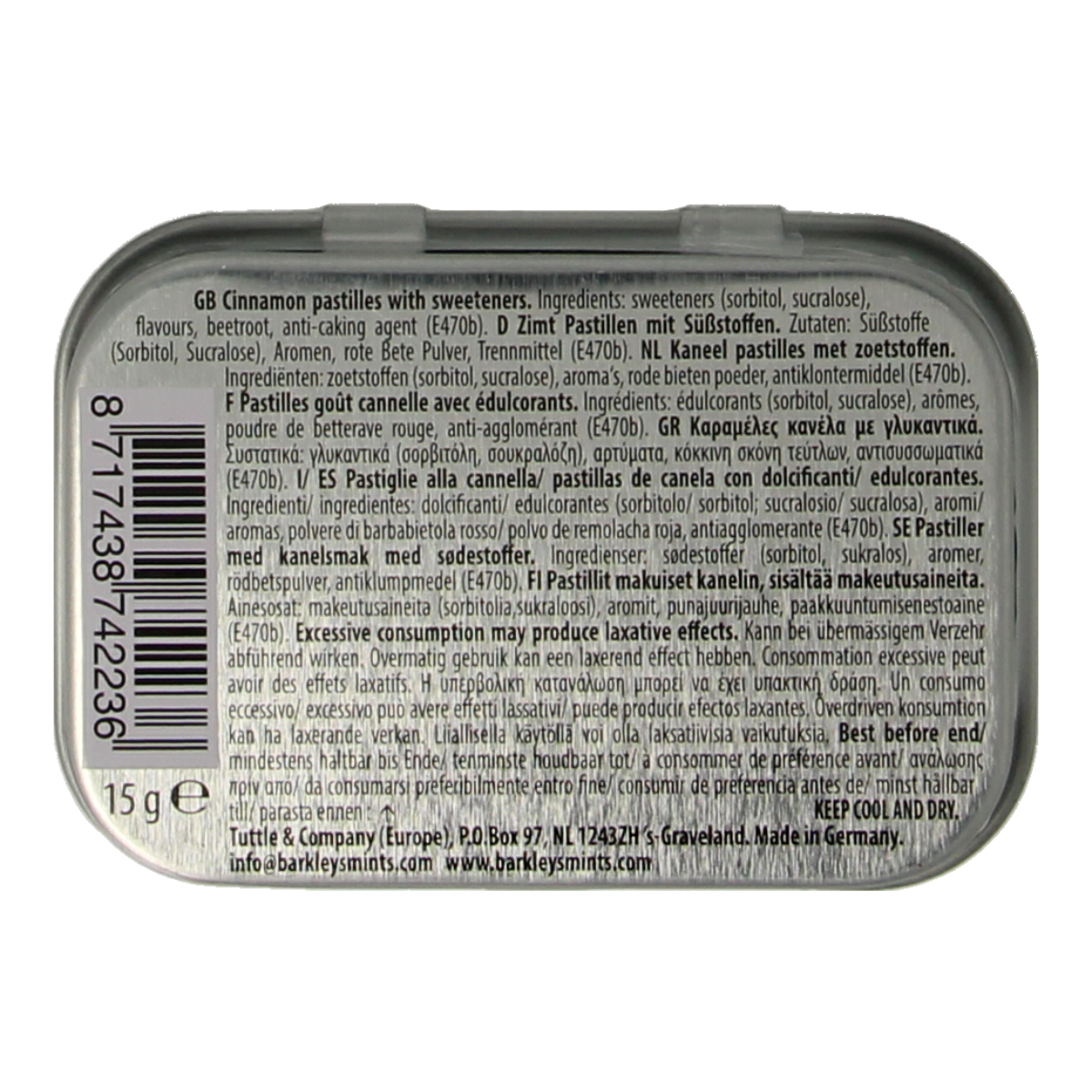 Barkleys cinnamon mints, sugar-free candy in 15g packaging, featuring cinnamon flavor and fresh mint aroma.