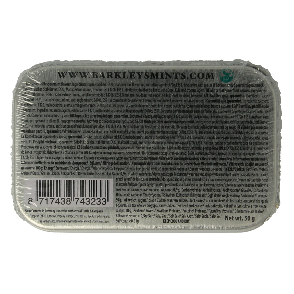 Barkleys Classic Mints spearmint candy in a 50g package, featuring bright green mint candies, from Barkleys snoepgoed.