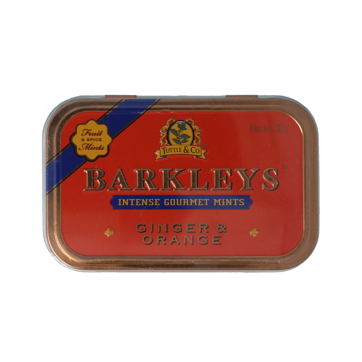 Barkleys Mints ginger and orange flavored snoepgoed in 50g package, featuring colorful mints with ginger and orange flavors.