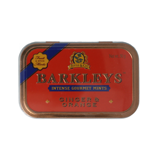 Barkleys Mints ginger and orange flavored snoepgoed in 50g package, featuring colorful mints with ginger and orange flavors.