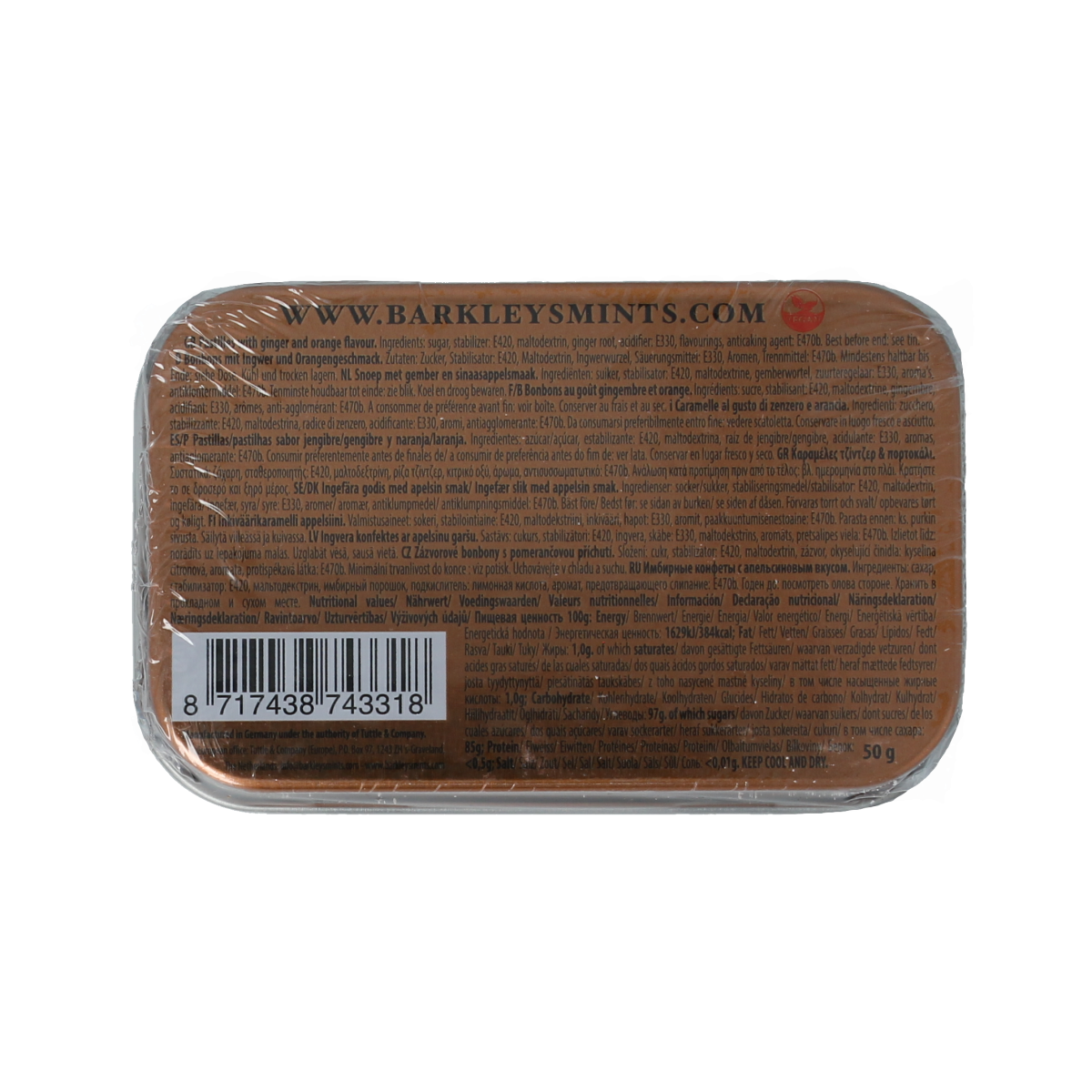 Barkleys Mints ginger and orange candy, 50g snacking sweets with vibrant orange and ginger flavor, in colorful packaging.