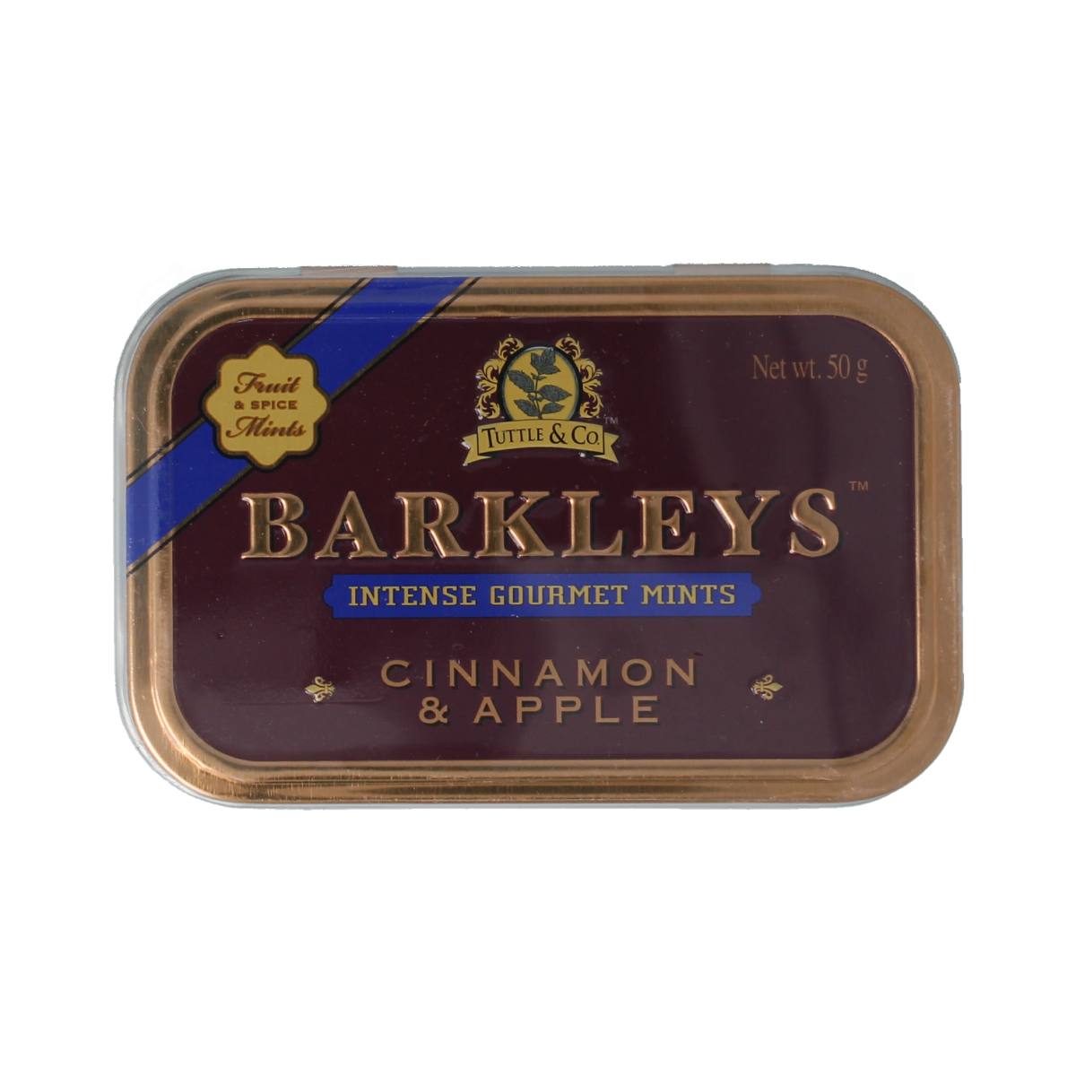 Barkleys Mints cinnamon and apple flavored snoepgoed in a 50g package, featuring colorful candies and branding on the packaging.