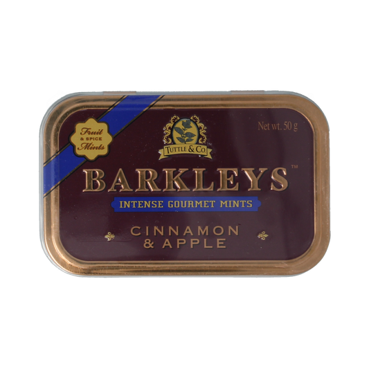 Barkleys Mints cinnamon and apple flavored snoepgoed in a 50g package, featuring colorful candies and branding on the packaging.
