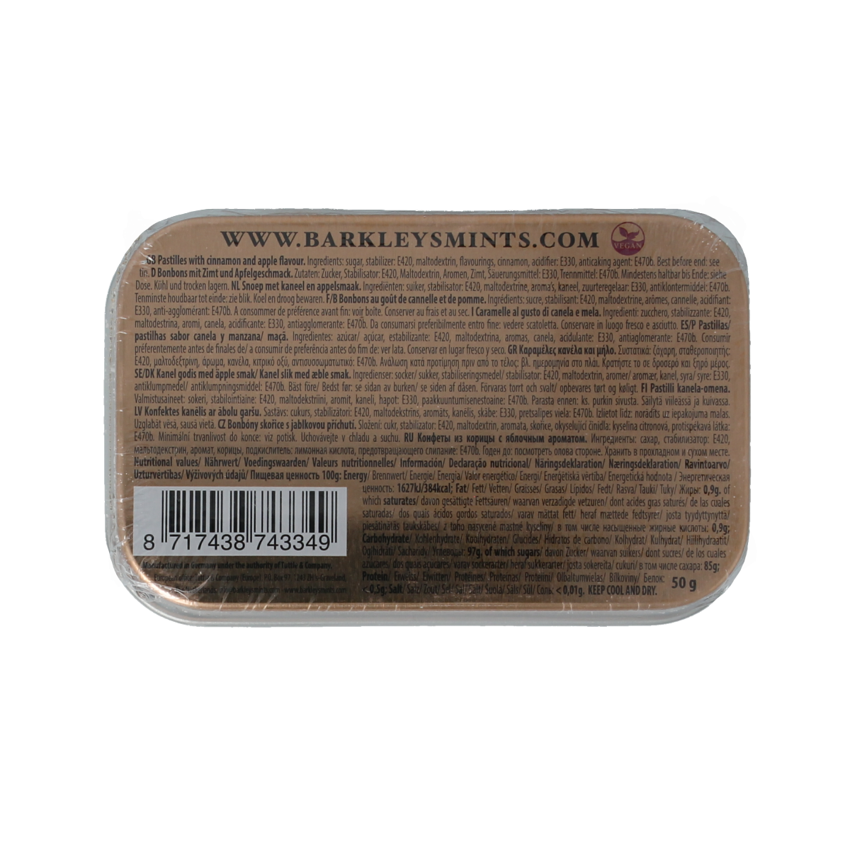 Barkleys Mints cinnamon and apple flavored snoepgoed in a 50g package, featuring colorful candies and fresh fruit designs.