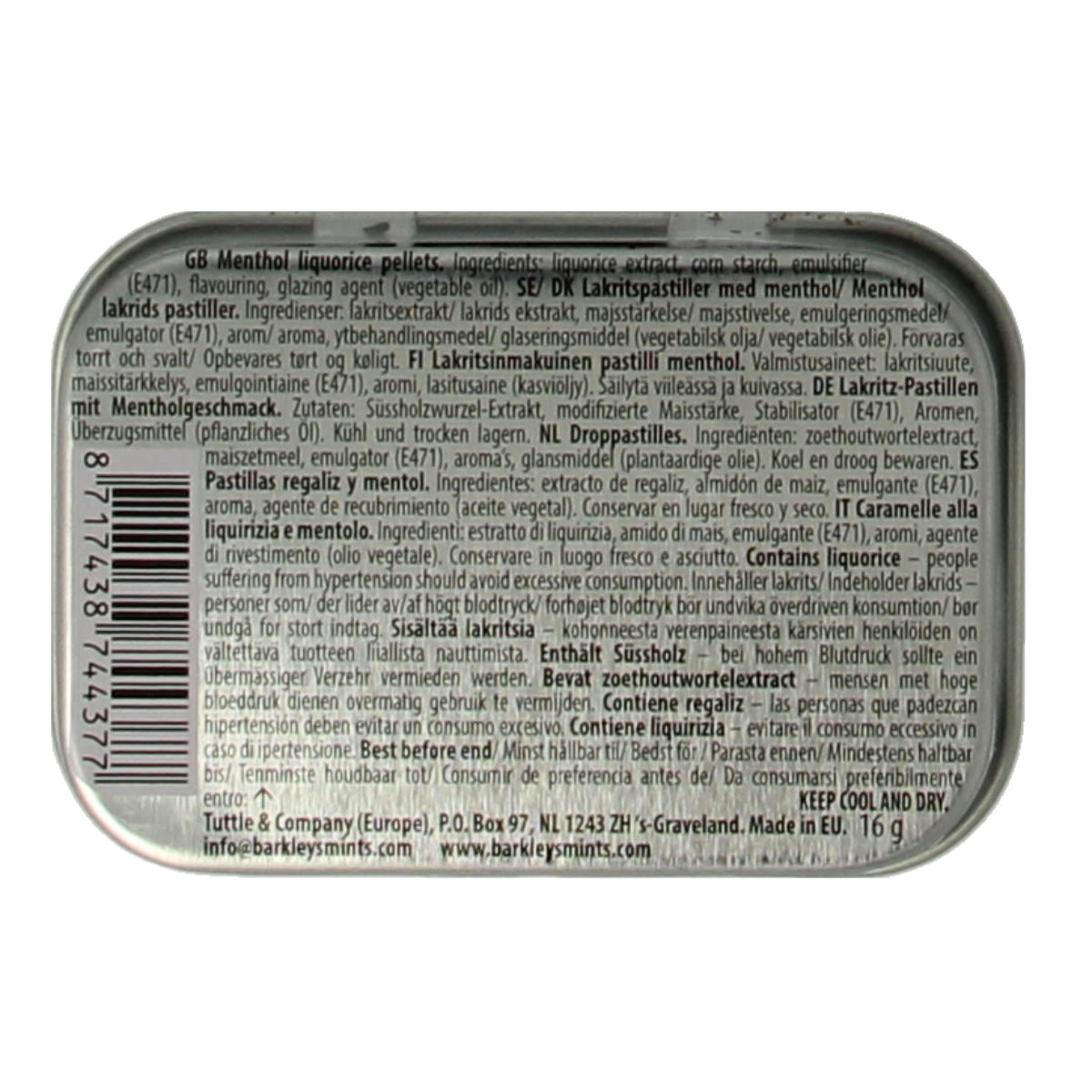Barkleys Liquorice Pellets Menthol, 16g bag of chewy black liquorice sweets with menthol flavor from Barkleys.